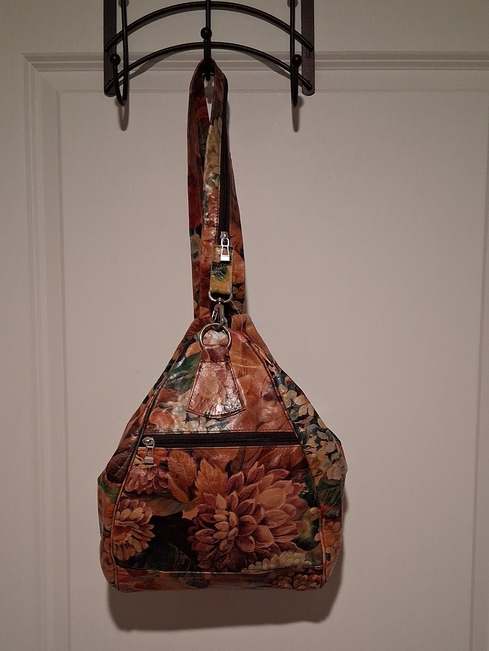 Convertable Floral Genuine Leather Print Brown Shoulder Backpack